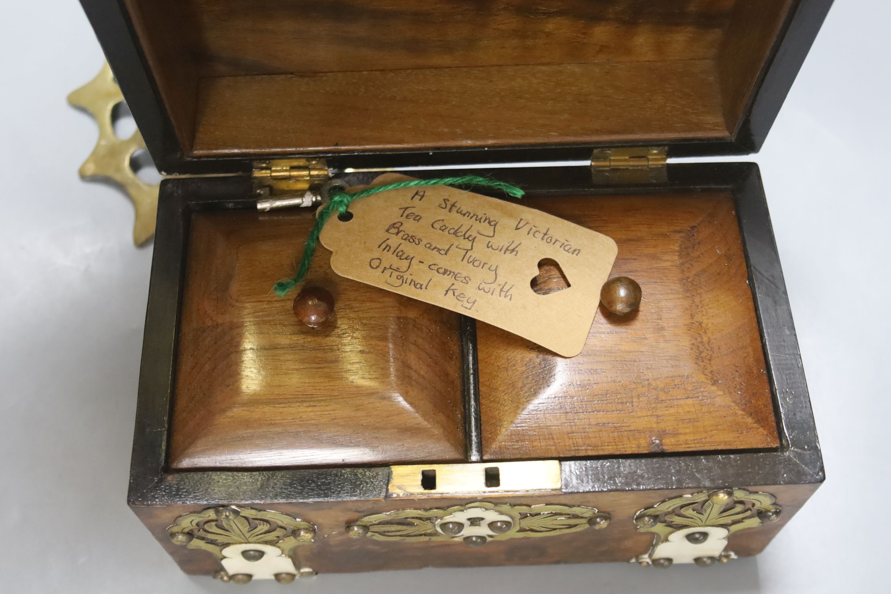 A Victorian brass mounted walnut tea caddy and a brass novelty stick stand, height 65cm